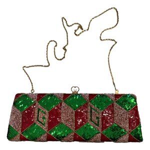 Broadway Embellished Sequins and Crystals Red Green Pink Chain Shoulder Bag Clut
